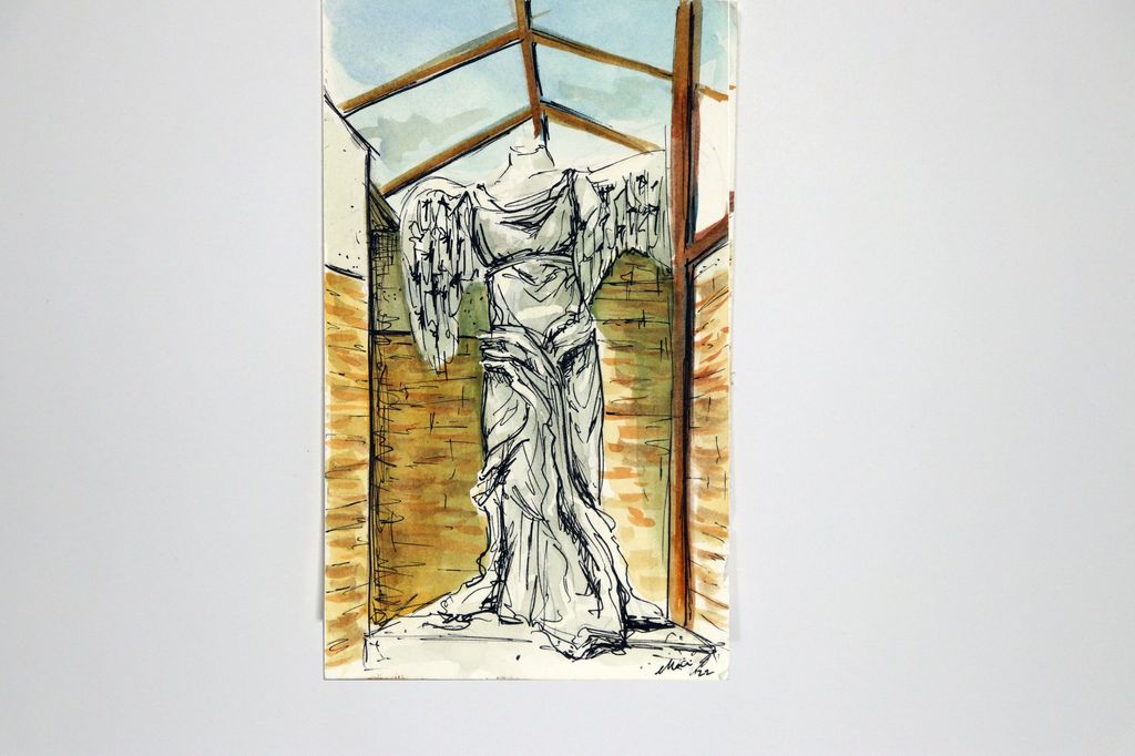 Watercolor painting of the Nike of Samothrace sculpture.