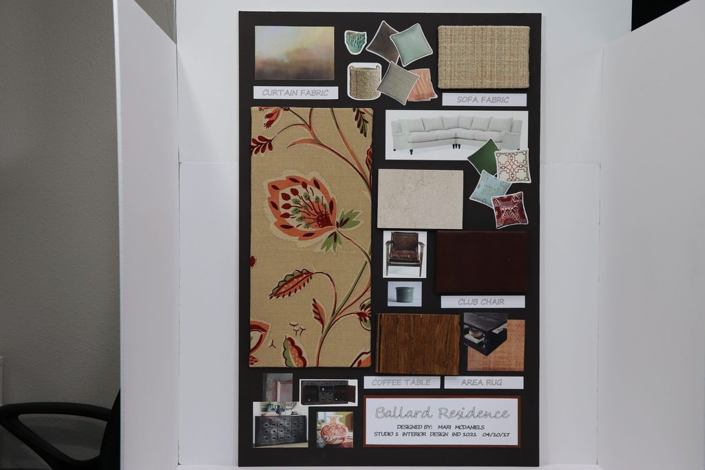 Design board for the Ballard residence showing colors, textiles, and finishes.