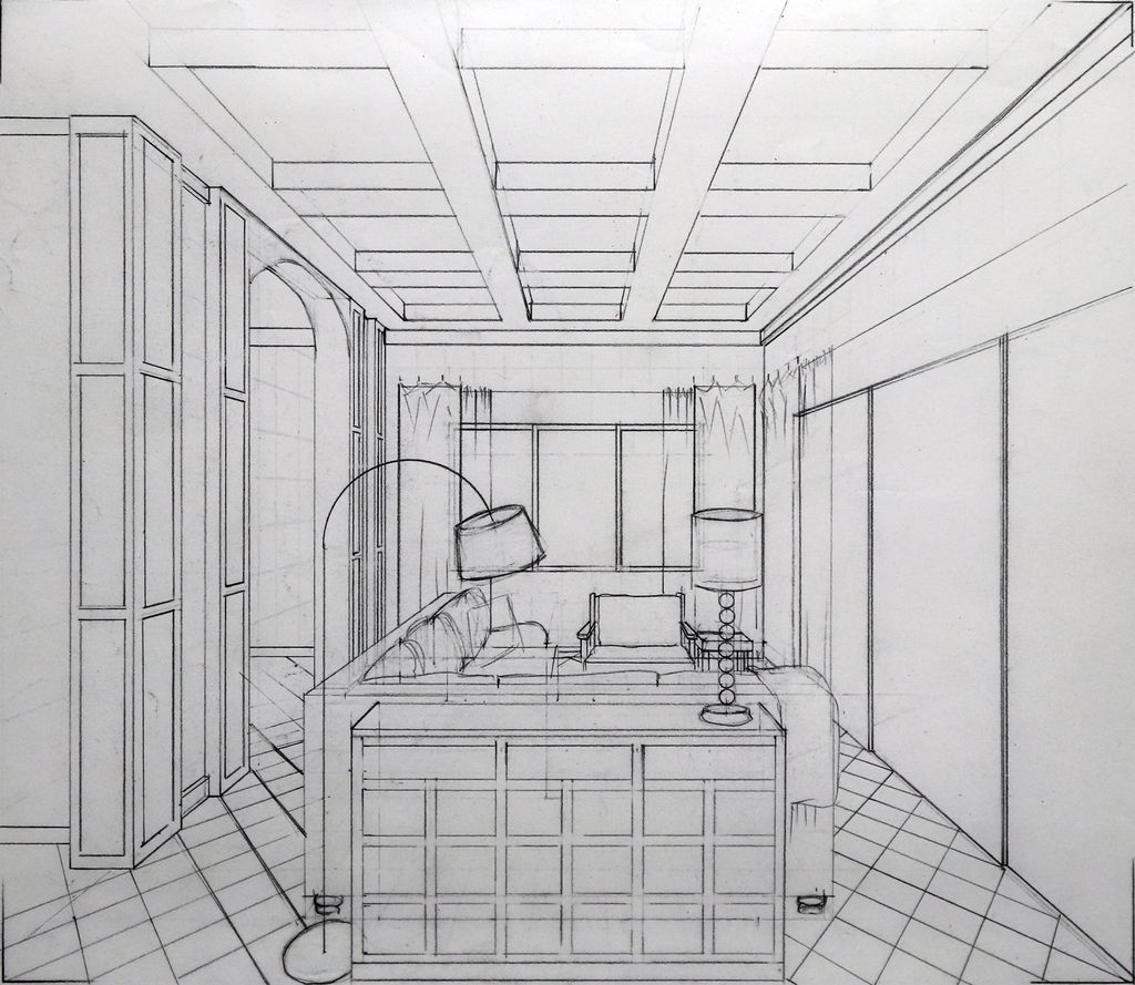 Line drawing of the Ballard kitchen and dining perspective.