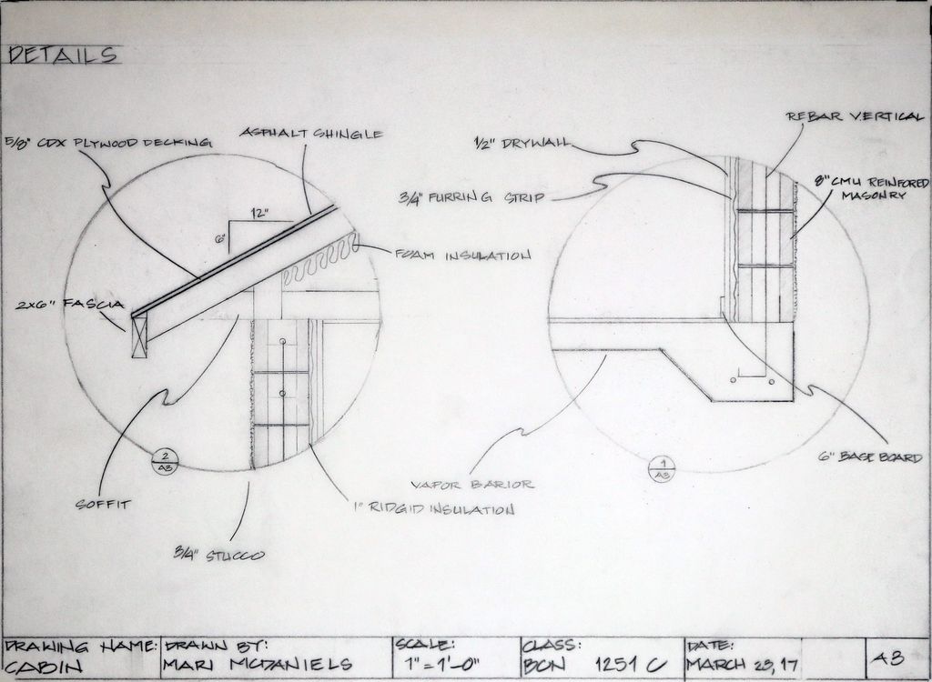 Hand-drafted construction details for the cabin retreat.