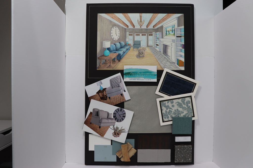 Design board for the polished cottage with fabrics, wood, and tile.