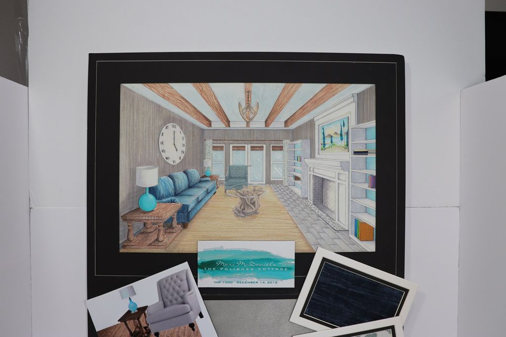 Framed rendering of the cottage living room presented with material samples.