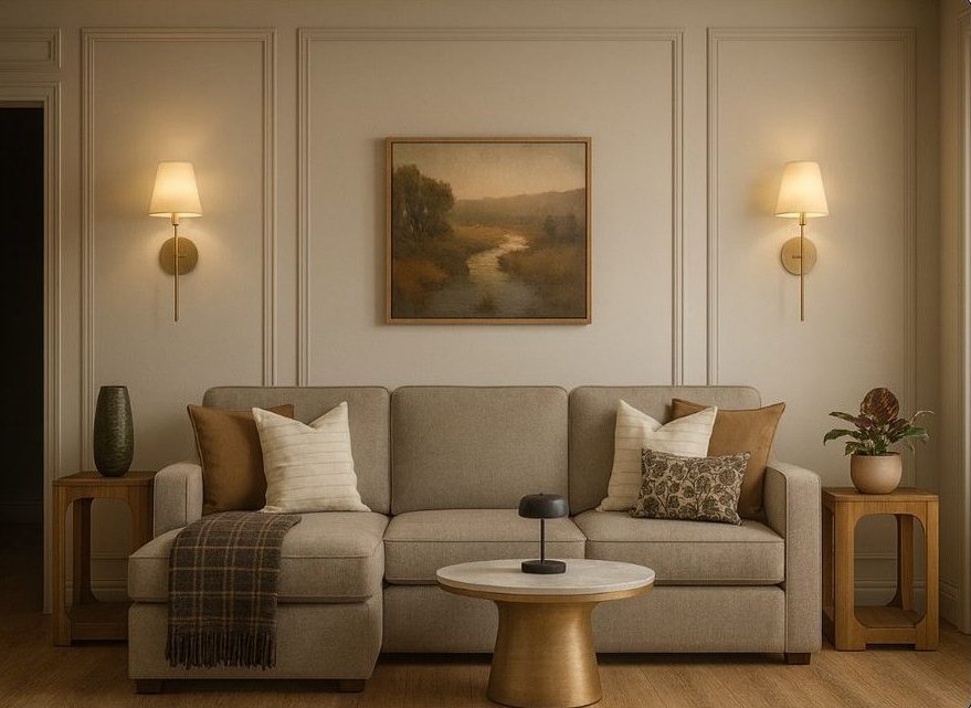 A warm living room rendering from the Wells project, designed around a family and how they gather.