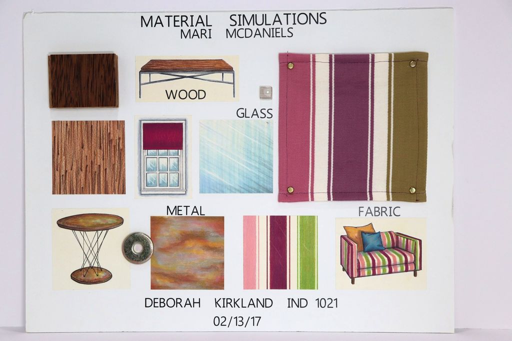 Board of hand rendered material simulations for wood, glass, metal, and fabric.
