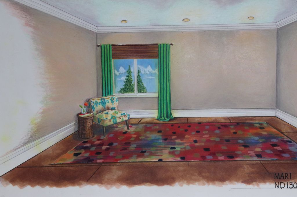 Hand rendered room vignette in warm pastels.