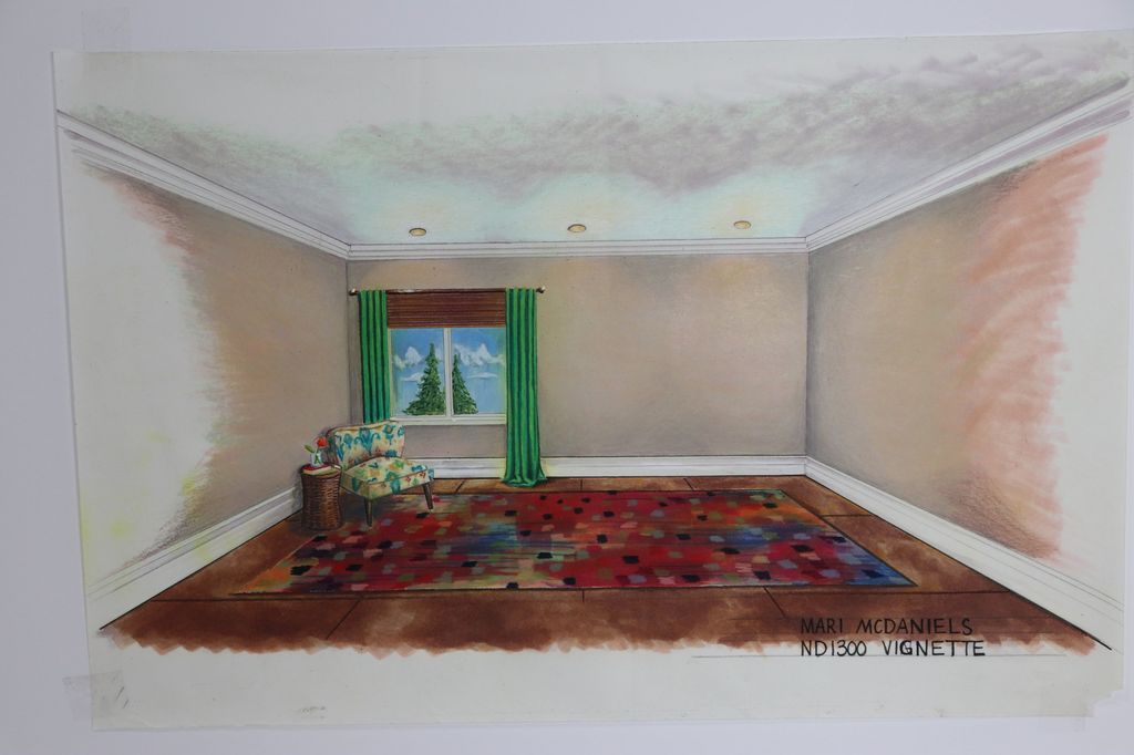 Hand rendered vignette of a seating corner with a patterned rug.