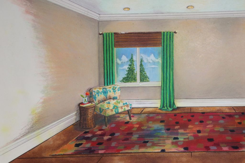 Close view of a hand rendered chair and window vignette.