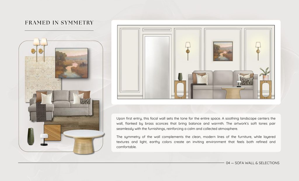 A softly lit elevation and materials drawing for the Wells living room by Mari Mariah.
