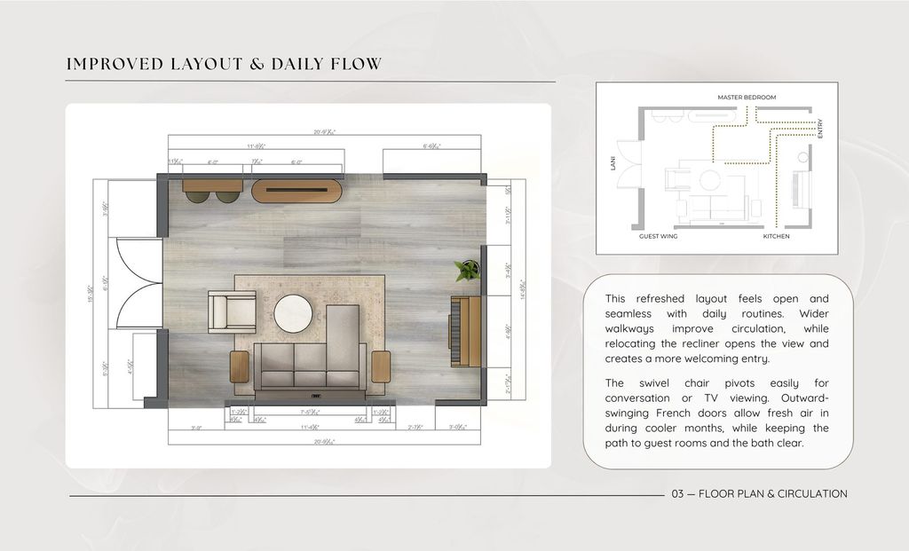 Floor plan drawing for the Wells living room showing layout and daily flow.