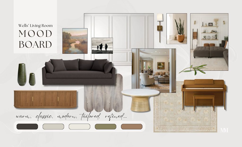 Mood board for the Wells living room showing furniture, art, and color.